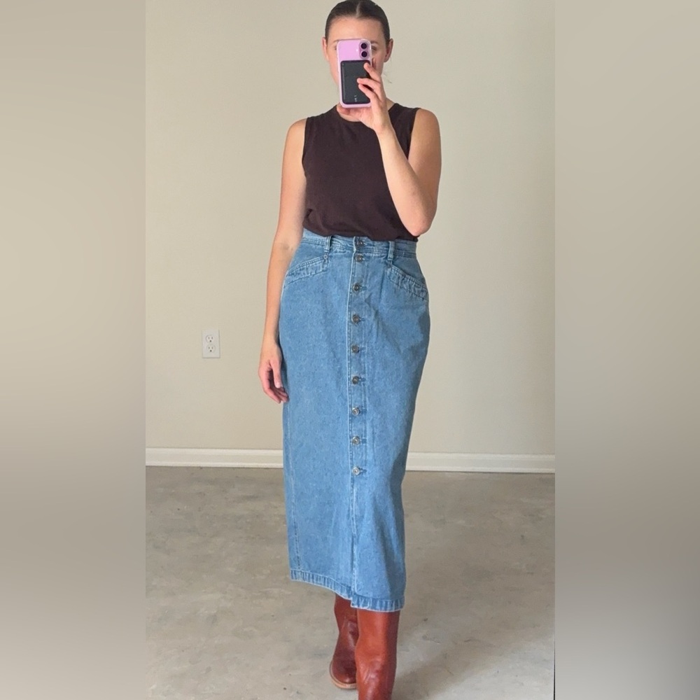 Vintage Long Denim Maxi Midi Button-Front Skirt 100% cotton Women’s 14” waist - Picture 7 of 10